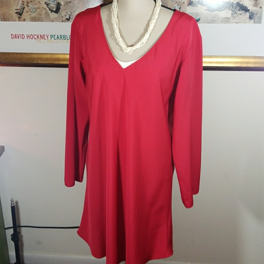 Josie Natori Red V Neckline Long Sleeves Dress. Size L